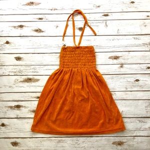 Halter top smocked strapless orange terrycloth mini split hem coverup size XS